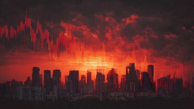 Dramatic sunset over city skyline with falling red financial graph overlay