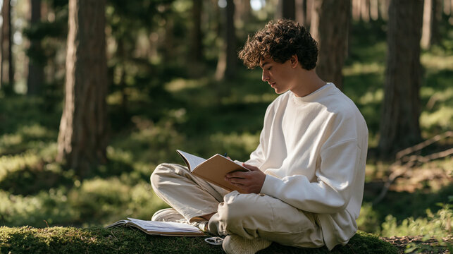 A solitary teenage tutor sits on a mossy log in a quiet forest clearing, kraft paper notebook open on their lap, peer education session notes spread around them, youth mentorship,