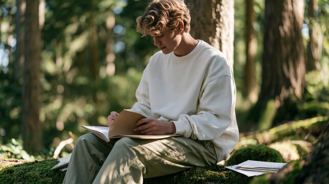 A solitary teenage tutor sits on a mossy log in a quiet forest clearing, kraft paper notebook open on their lap, peer education session notes spread around them, youth mentorship,