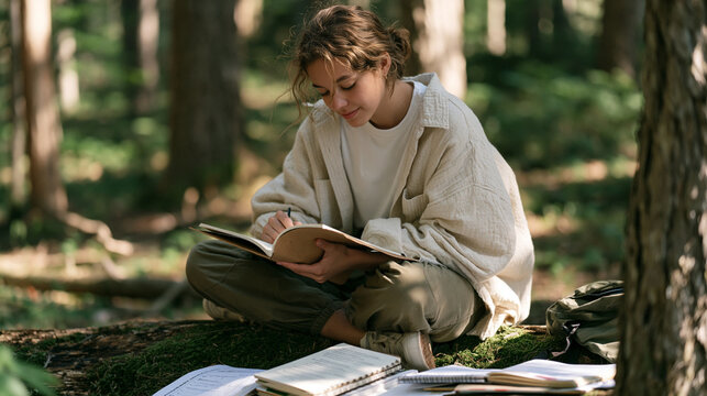 A solitary teenage tutor sits on a mossy log in a quiet forest clearing, kraft paper notebook open on their lap, peer education session notes spread around them, youth mentorship,