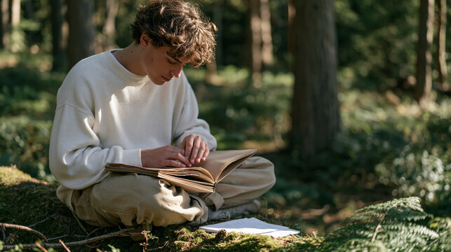 A solitary teenage tutor sits on a mossy log in a quiet forest clearing, kraft paper notebook open on their lap, peer education session notes spread around them, youth mentorship,