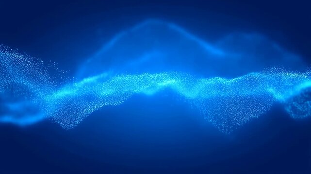 Flowing wave of glowing blue particles moves dynamically across a dark blue background. Animated background combines particle wave with energy flow and data stream.