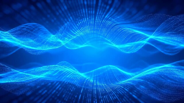 Blue glowing digital waveforms composed of flowing particle grids undulate horizontally on a dark background. Abstract backdrop shaped by flowing motion, digital data flow and energy waves.