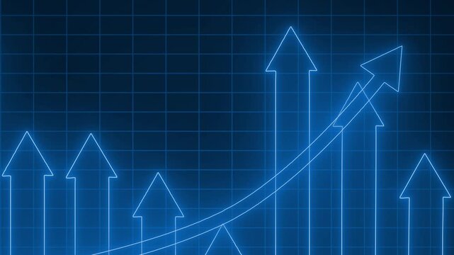 Glowing neon-style bar chart with upward arrows and a rising trend line financial growth concept animation