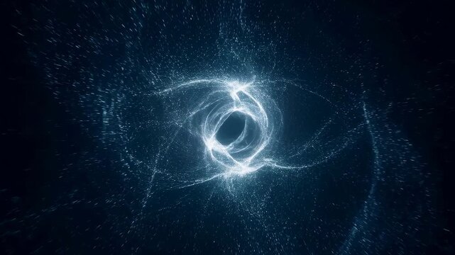 Glowing white particle vortex rotates and pulses against a dark background. Layered composition brings together glowing particle vortex and rotating.