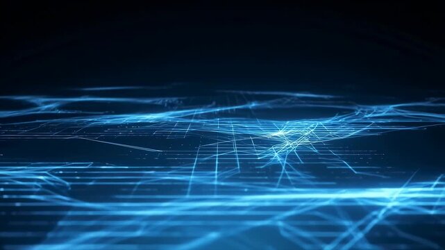 Glowing blue digital lines and nodes flow and pulse over a dark background forming a dynamic network grid. Abstract backdrop shaped by flowing motion, digital connectivity and data flow.