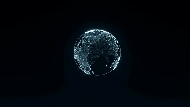 Rotating digital wireframe globe with illuminated network connections on a dark background. Animated texture shows wireframe sphere and dots with rotating.