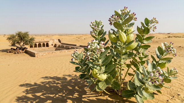 Calotropis procera plant blooming vibrant purple flowers amidst the golden rolling sand dunes of Rajasthan desert