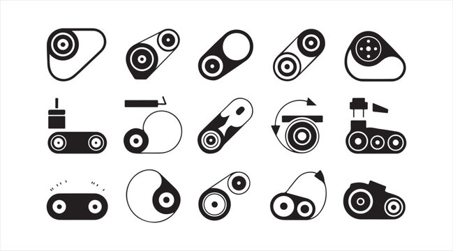 Mechanical pulley and belt drive system black icon collection