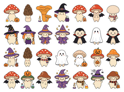 Collection of cute hand drawn mushroom characters dressed for halloween party