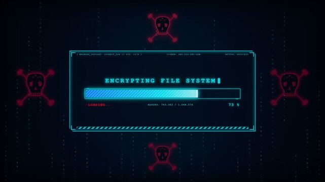 Cyber ransomware malware encryption attack animation with skull alert