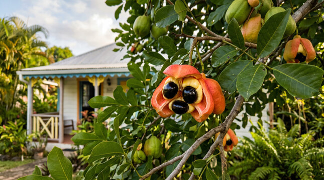 Ripe ackee fruit hanging open on a tree showing bright red skin and black seeds