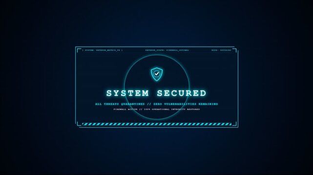 Cyber antivirus scan animation with glowing blue system secured HUD