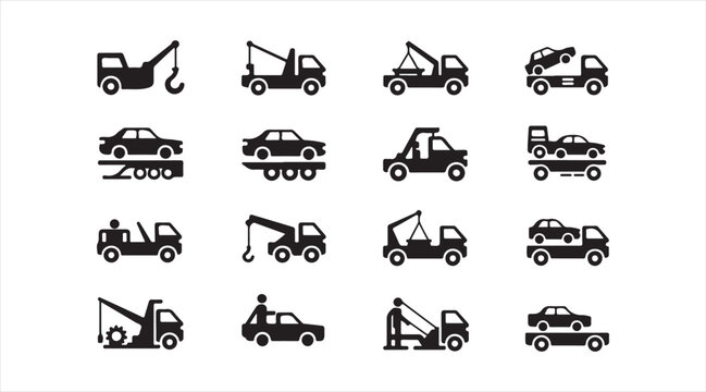 Automotive towing and vehicle transport truck icon set