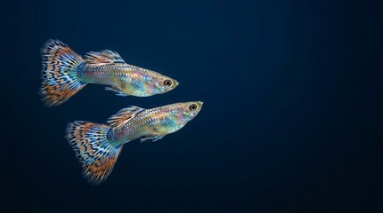 Fototapeta premium Vibrant male guppies swimming gracefully through clear water displaying intricate patterns and iridescent scales against a deep dark navy backdrop