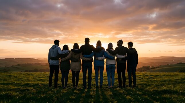 Group of diverse friends standing with arms around each other watching sunset over hills.