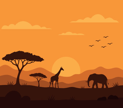 african savanna landscape at sunset featuring a girafe and an elepant silhouette against a glowing orange sky, scenic wildlife panorama with acacia trees, golden grasslands and dramatic sunset colors