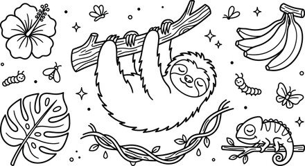 Naklejka premium Cute Sloth Hanging on Branch Vector Set with Chameleon Hibiscus Flower Bananas and Monstera Leaf for Coloring Book Pages