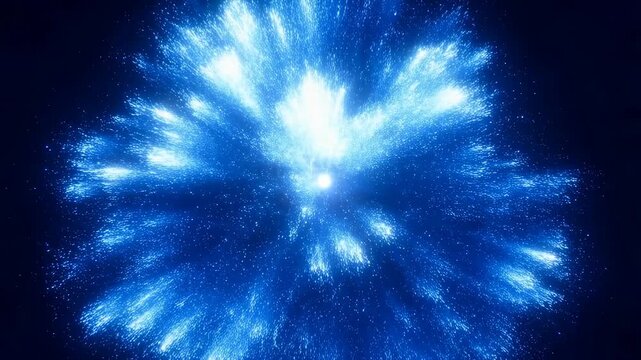 Bright blue light bursts outward into glowing particles that disperse and fade on a dark background. Design backdrop with bursting, glowing light and layered depth.