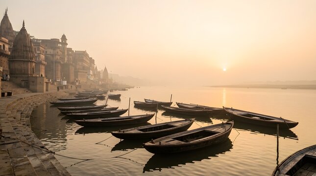 Traditional wooden rowing boats float on ganges river at sunrise near ancient varanasi city.