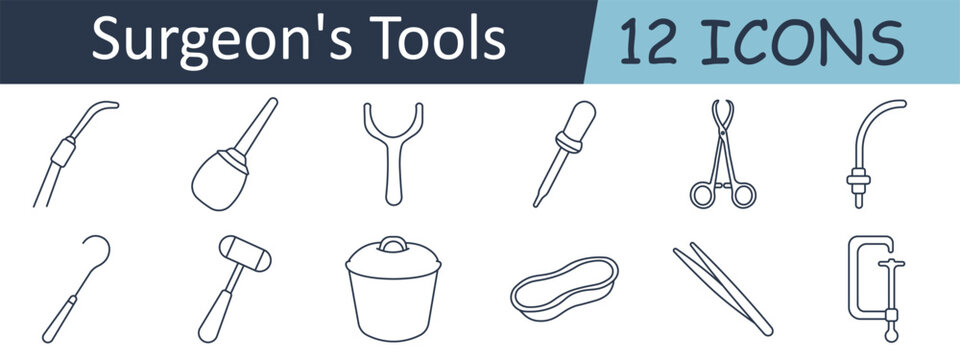Surgeon's tools set icon. Suction tube, bulb syringe, retractor, dropper, forceps clamp, cautery tip, surgical hook, reflex hammer, sterilization container, kidney tray, tweezers, infusion stand