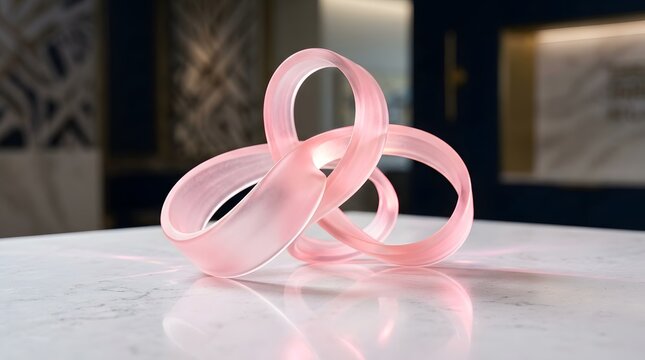Pink frosted glass knot sculpture sits on marble table top for elegant interior decoration.