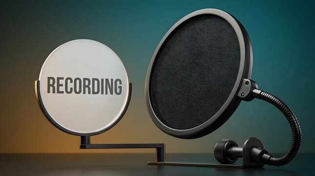 Recording, studio equipment and pop filter for podcast, voiceover and audio production. Microphone shield, live session and sound gear for broadcasting, music industry and radio station media