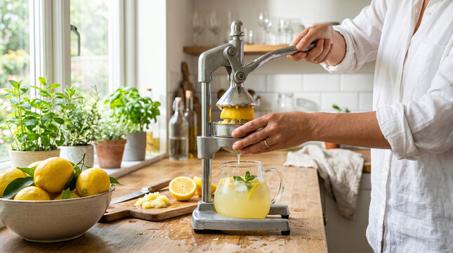Woman squeezing fresh lemons for juice in a bright kitchen  