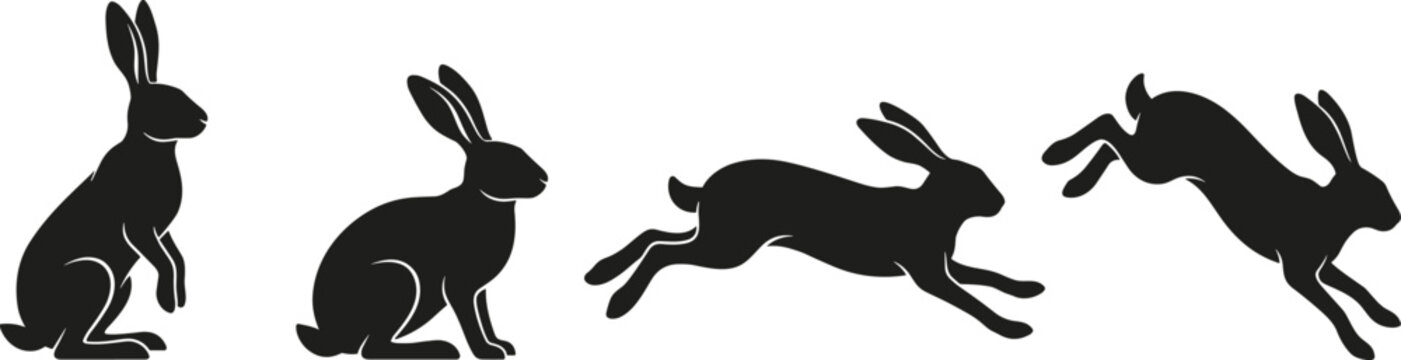 Running and Leaping Rabbit Vector Silhouette Set depicting Wild Hare Movement Sequences for Easter Designs