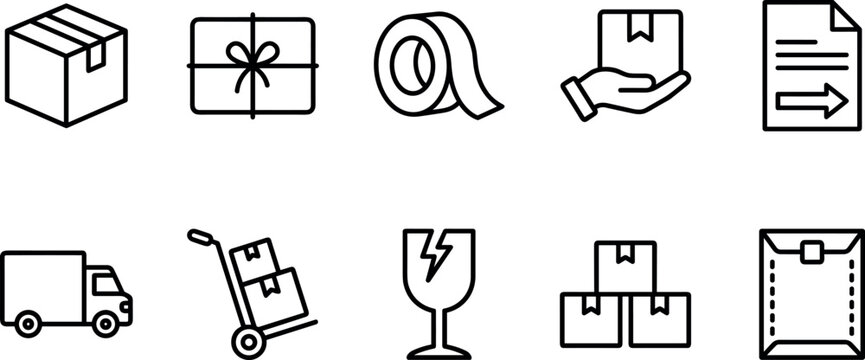 Logistics shipping service and package delivery line icon vector set featuring cardboard box tape parcel handling invoice truck handcart fragile glass envelope symbols for supply chain UI.