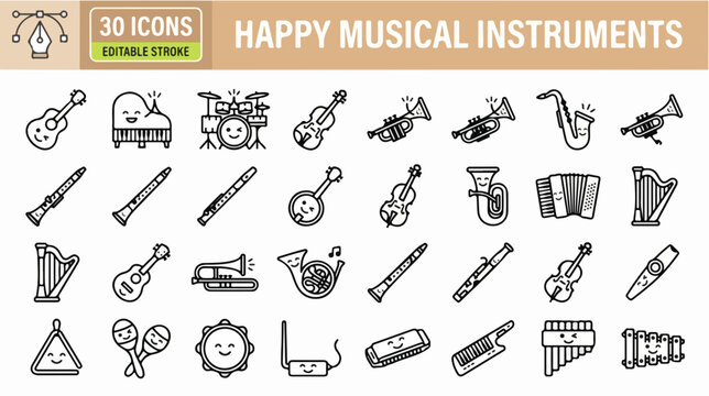 Musical instruments displayed as a set of thirty cute icons featuring editable strokes and happy character faces.