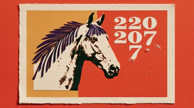 Paper-cut horse head with a purple mane and the year 2027, featuring a textured matte finish and vivid orange copy space for a lunar new year campaign