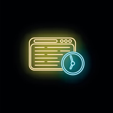 Browser window icon with a clock symbol in vibrant neon glowing colors
