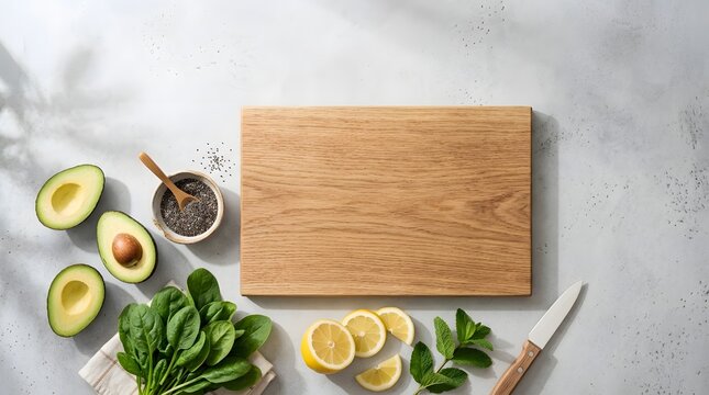 Wooden cutting board surrounded by avocado spinach lemon and chia seeds on marble kitchen.