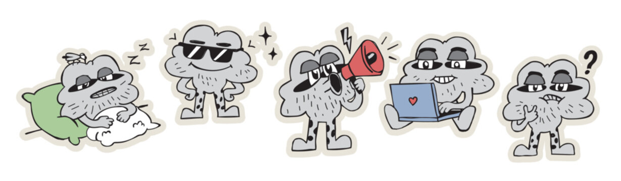 Retro cartoon cloud character sticker set, five funny groovy mascot poses showing emotion: sleeping, cool, shouting, working and thinking.