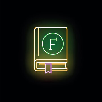Neon style book icon with letter f and bookmark, representing education and learning