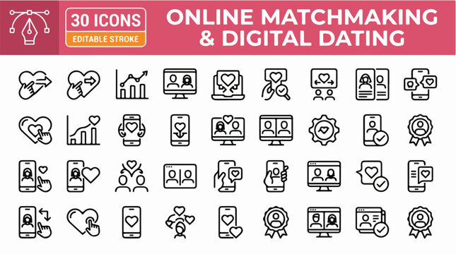 Outline symbols for social networking profile management mobile interfaces and romantic connectivity for modern digital platforms and software design