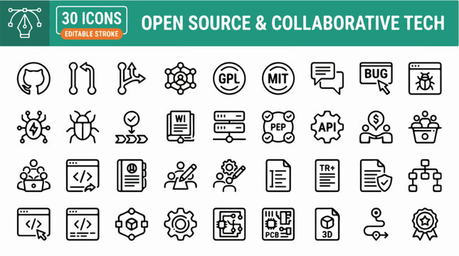 Open Source Software Development Icon Set with Collaborative Coding Symbols for Programming Projects, Version Control, and Technical Documentation