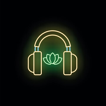 Neon headphones and lotus flower representing sound healing and mindfulness