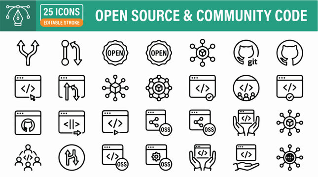 Monochrome line icons portraying technical coding structures, version management logic, and collaborative programming network systems in digital workspace