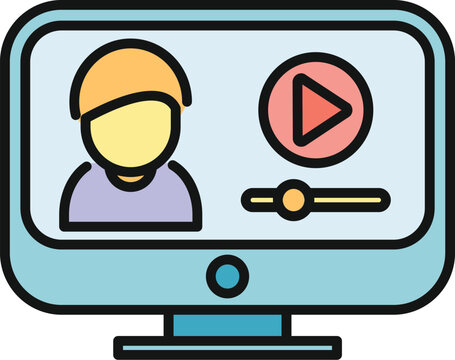 Computer monitor presenting a video call icon with play button and timeline