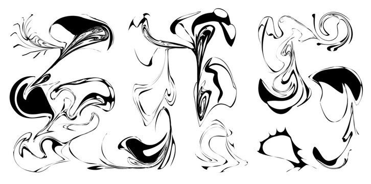 Abstract liquid marble texture set, fluid swirl and wave in monochrome ink for psychedelic poster, cover and modern print design.