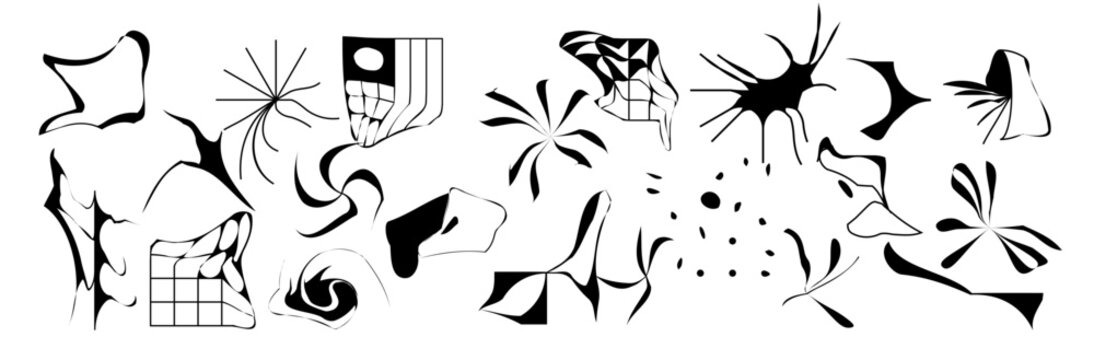 Abstract shape set with starburst, ink splatter and doodle element in monochrome for contemporary brutalist poster, cover and collage design.