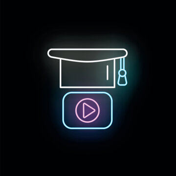 Neon line art icon illustrating a graduation cap with a play button for e learning