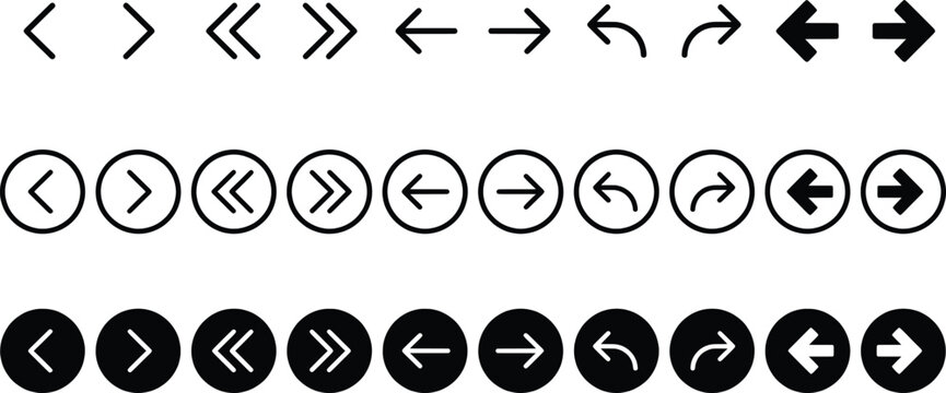 Collection of simple and complex arrow symbols in linear and circular formats against a white background