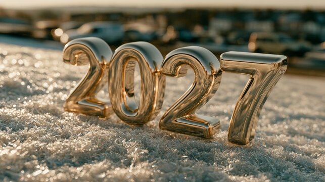 A golden "2027" sculpture gleams on a snowy hill under a crisp winter sunrise, casting long cinematic shadows and reflecting sunlight through sparkling ice crystals.