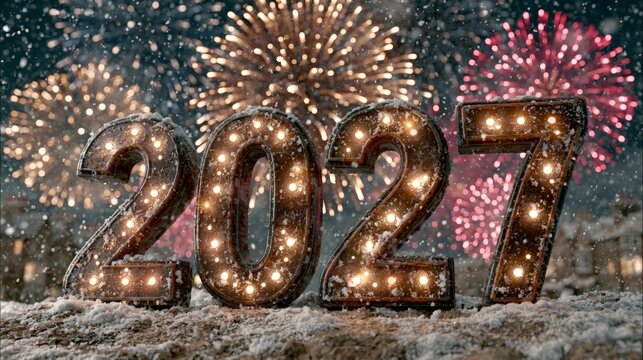 A festive winter night scene featuring glowing "2027" numerals in the snow with colorful fireworks bursting in the background.