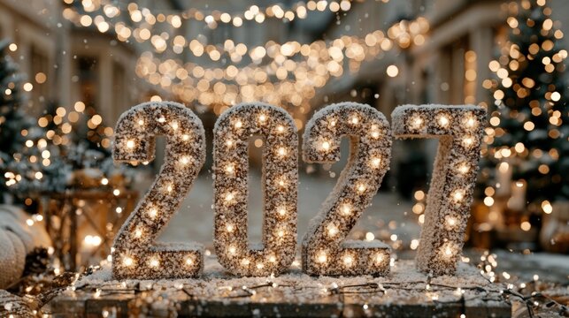 A cinematic New Year celebration scene featuring a glowing "2027" centerpiece with snow-covered lights, festive bokeh, and gentle snowfall in a winter wonderland.