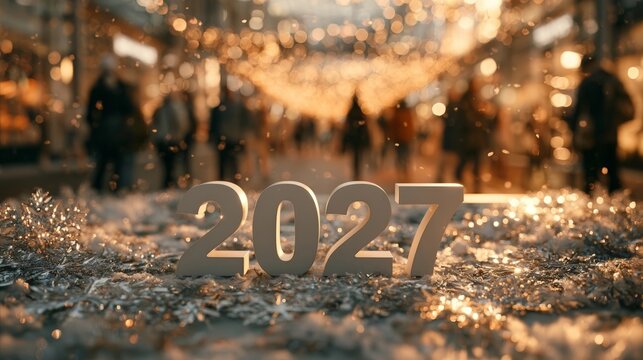 A high-detail product photograph of matte white "2027" numerals illuminated by warm holiday lights, surrounded by silver snowflakes on a snowy surface with cinematic bokeh.