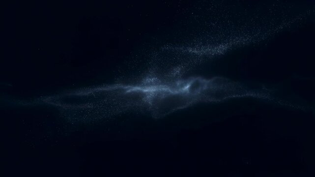 Small glowing particles drift slowly to form a nebulous cloud shape on a dark blue background. Animated scene combines particles and cloud-like formation with glowing light.